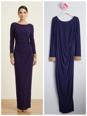 Marina Dark Navy Ruched Embellished Cuff Long Sleeve Gown